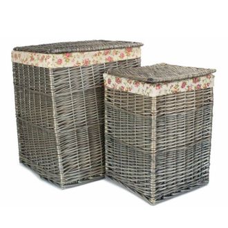 Red Hamper Set of 2 Cotton Lined Wicker Laundry Basket in Grey