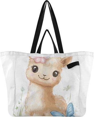 Generic Llama Butterfly Flower Beige pattern Reusable Canvas Tote Bag, Heavy Duty Grocery Shopping Bag with Large Capacity Hard Bottom Double Handles Work Gro
