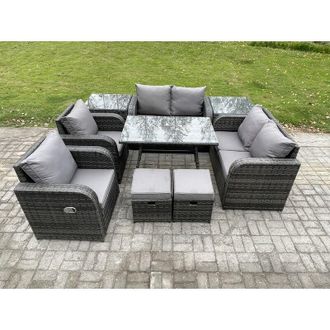 Fimous 8 Seater Wicker pe Rattan Garden Dining Set Outdoor Furniture Sofa with Rectangular Dining Table 2 Side Tables 2 Small Footstools Dark Grey Mixed