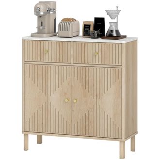 HOMCOM Homcom Credenza Cucina Con 2 Cassetti, Armadietto E Piano Effetto Marmo Rovere