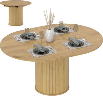 OEM Mesa De Comedor Extensible Redonda Para 6-8 Personas Con Base Estriada Para Sal&oacute;n 110-150x110x75 Cm Madera Natural