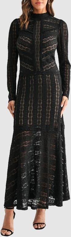 Lace Chevron Stripe Long Sleeve Maxi Dress in Black at Nordstrom, Size X-Small