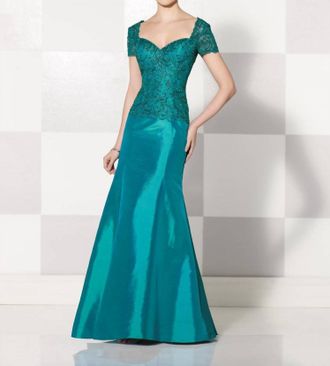 Mon Cheri Taffeta Mermaid Gown In Light Teal