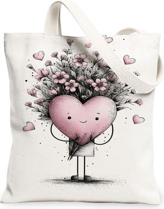 Generic Cute Floral Canvas Tote Bags, Vintage Heart Flower Pattern Reusable Grocery Bags, Lightweight Washable Shoulder Strap, White, 13x15 Inch