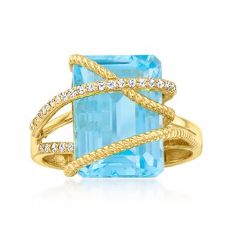 Ross-Simons Blue Topaz and. Diamond Crisscross Ring in 14kt Yellow Gold