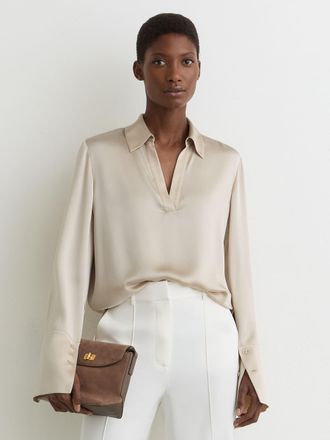 Reiss Neutral Silk Open-collar Blouse, 16