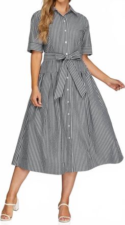 She + Sky Short Sleeve Button Down Striped Midi Dress In Grey Stripe