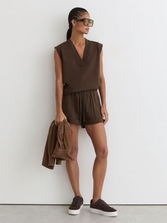 Reiss Chocolate Brown Cotton-blend Sleeveless V-neck Sweat Top, XL