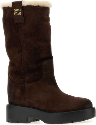 Miu Miu Womens Shearling-Lined Suede Boot Brown