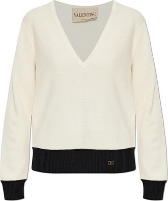 Valentino Garavani V-Neck Trui - Dames - V-hals truien - Beige - L - Wol - Truien & Vesten