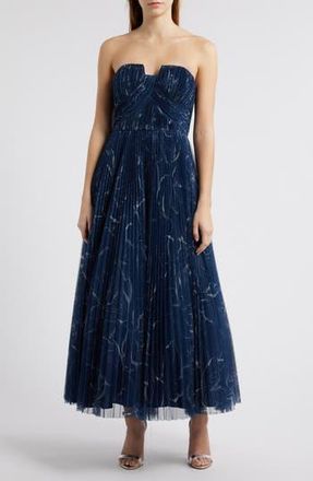 Hutch Pleated Strapless Mesh Gown in Navy Floral at Nordstrom Rack, Size 8