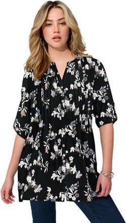 Roaman's Pintuck Tunic Blouse Y-Neck & Roll-Tab Sleeves in Black Batik Vine at Nordstrom, Size 14