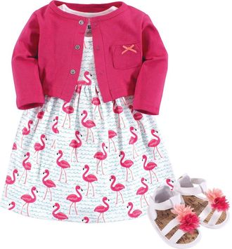 Hudson Baby Cotton Dress, Cardigan and Shoe Set in Bright Flamingo at Nordstrom, Size 12-18M