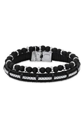 HMY Jewelry Mens Beaded Stainless Steel & Leather Bracelet Duo in Steel/Black at Nordstrom Rack