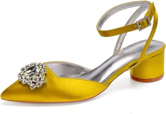 Generic Wedding Bridal Heels Women Ankle Strap Pointed Toe Slingback Chunky Low Heels Womens Pumps Wedding Dress Shoes 4.5Cm,Yellow,7 UK