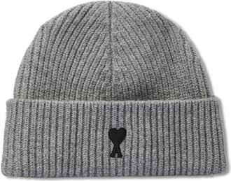 Ami Grey Quota Embroidered Wool Beanie Hat