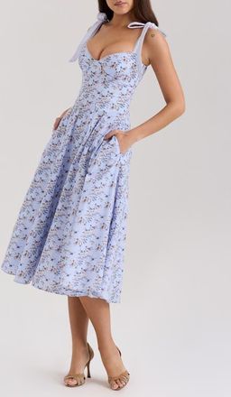 House of CB Emely Paneled Dress with Tie Straps in Bee Floral Blue at Nordstrom, Size X-Large A