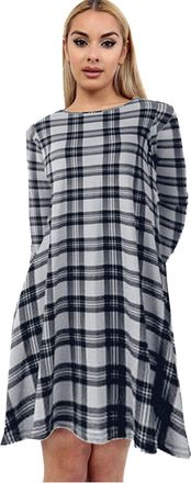 Generic AA Essential Womens Ladies Plain Jersey Bang Tartan Print Long Sleeve Party A Line Skater Flared Swing Dress Tee Top (Grey Tartan, 12-14)
