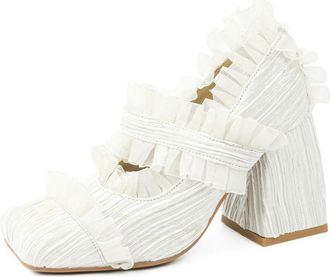 Generic JCVBN Fashion Mary Jane Shoes Women Pumps Lace Pleated Square Toe Sweet Lolita Shallow Retro Elegant High Heels Wedding Ladies White