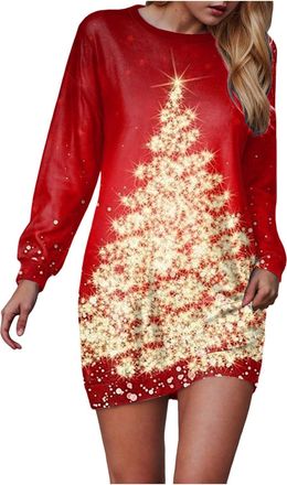 Generic Women Casual Christmas Dresses Snowflake Print Round Neck Long Sleeve Evening Elegant Cocktail Dress Xmas Costume Swing Skater Mini Novelty Outfits Dr