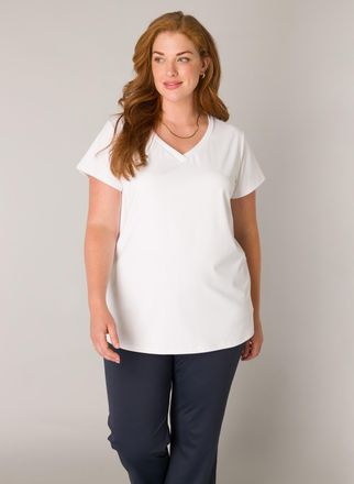 Base Level Curvy V-Shirt BASE LEVEL CURVY Lilly, Damen, Gr. 54/56, weiss (wei&szlig;), Single Jersey, Obermaterial: 75% Polyamid, 25% Elasthan, unifarben, bequem h&uuml;ftbedecke