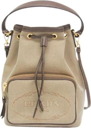 Prada Pre-owned Bucket Bags, female, Beige, Size: ONE SIZE Pre-owned Logo jacquard drawstring bag