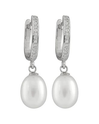 Splendid Pearls Rhodium Plated 7.5-8Mm Pearl & Cz Earrings