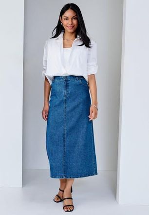 Jessica London True Fit Stretch Denim Midi Skirt in Medium Stonewash Orchid at Nordstrom, Size 28