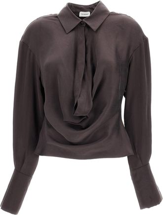 Andamane Brown Satin Lilia Deep V Blouse