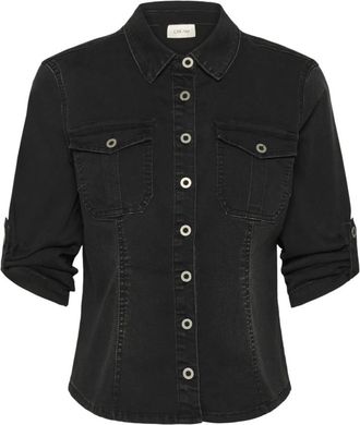Cream Denim shirt met &frac34; mouwen en zakken - Dames - Spijkeroverhemden - Zwart - XS - Denim - Overhemden