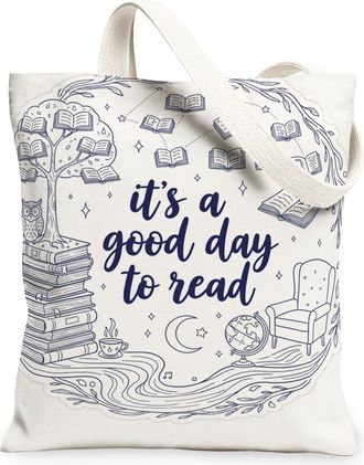 Generic Literary Canvas Tote Bags, Book Lover Design Lightweight Washable Shoulder Strap Reusable Grocery Bags for Reading, Travel, Beige, 13x15 Inch