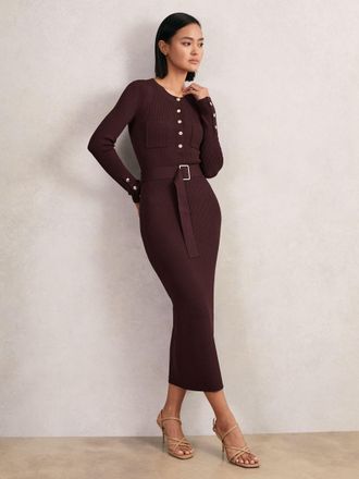 Reiss Womens Burgundy Rib Knit Buttoned Rib-Knit Midi Dress, Size: M