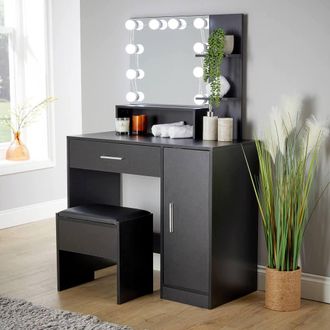 Home Source Industries Bedroom Dressing Table Stool LED Lights Vanity Makeup Desk Mirror Set in Black