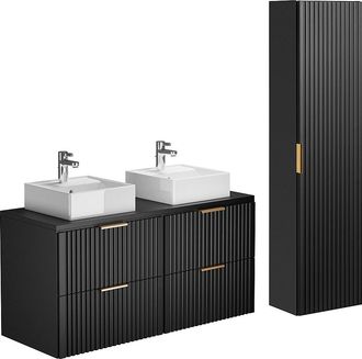Vente-Unique Mueble de ba&ntilde;o suspendido con lavabo sobre encimera y armario - Negro - 120 cm - ZEVARA