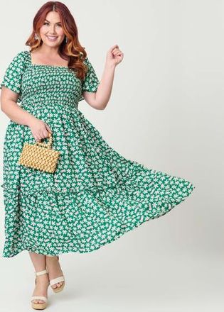 Unique Vintage Plus Size Smocked Bodice Midi Dress in Green Ditsy Floral at Nordstrom, Size 2X