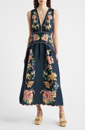 Farm Rio Maria Floral Jacquard Linen Dress in Maira Floral Dark Blue at Nordstrom, Size Xx-Small