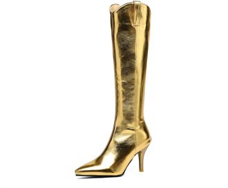 Generic Womens Shiny Metallic Knee-High Boots Pointed Toe Stiletto Heels Comfortable Non-Slip Wear-Resistant for Party Club Evening,Gold,10.5 UK
