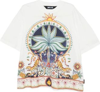 Just Cavalli T-Shirts, male, White, Size: XL Tiger Floral-Print T-Shirt