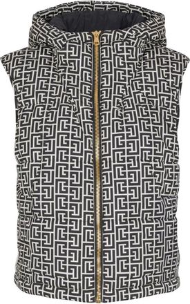 Balmain Mouwenloze gewatteerde monogramjas met capuchon - Dames - Bodywarmers - Zwart - S - Jassen
