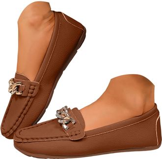 Generic Womens Loafers Comfort Slip-Ons Flat Work Shoes Lightweight Leather Driving Walking Shoes Business Casual Dress Flats for Women Chain Decor Leisure Tr