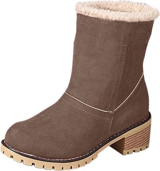 Generic Yolimok Winter Boots for Women Snow Boots Womens Suede Mid Block Heel Slip On Warm Boot Casual Walking Fluffy Fur Lined Chunky Heel Boot Winter Platfo