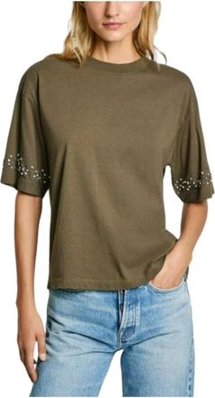 Pepe Jeans London Groene gem&ecirc;leerde T-shirt met strass - Dames - T-shirts - Groen - M - Leer - Tops