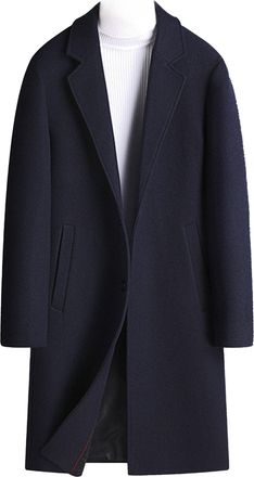 Generic Mens Classic Wool Blend Pea Coat Winter Single Breasted Business Overcoat Mid Long Trench Coat with Pocket, Dark Blue, 3XL