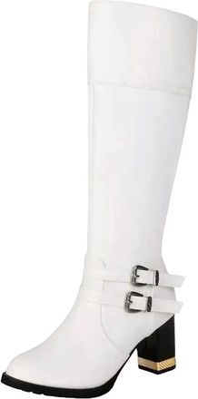 Generic Womens Casual Knee High Boots Retro Style Round Toe High Thick Heel With Belt Fastener Accents And Side Zipper
