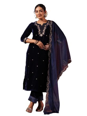 Ishin Ladies Navy Embroidered Velvet Kurta Set with Trousers and Dupatta, Navy Blue, XL