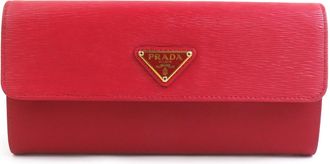 Prada Red Color Leather Nylon Long Wallet (Bi-Fold) (Pre-Owned)