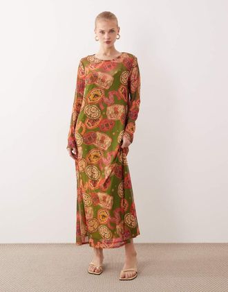 Never Fully Dressed Vestito lungo in rete verde oliva con stampa western