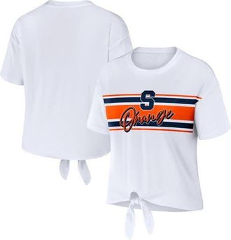 WEAR by Erin Andrews Womens WEAR by Erin Andrews White Syracuse Orange Striped Front Knot Cropped T-Shirt at Nordstrom, Size Xx-Large