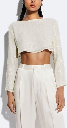 Sally Lapointe Sequin Cropped Boatneck Top in Cream at Nordstrom, Size X-Large