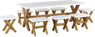 Beliani Conjunto Comedor De Jard&iacute;n De Cemento Y Madera Blanco Mesa Con 8 Taburetes Olbia